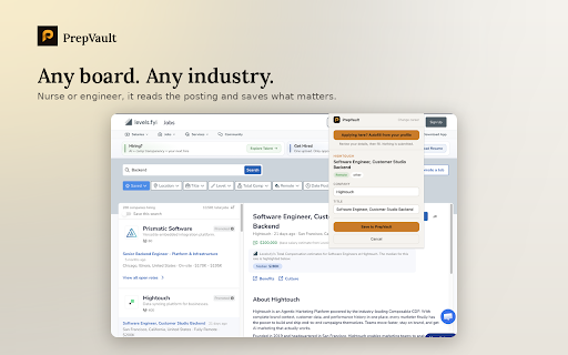 PrepVault: Save Jobs & Autofill Applications :: Save a job from any board in one click, then autofill applications on most career sites from your saved profile.