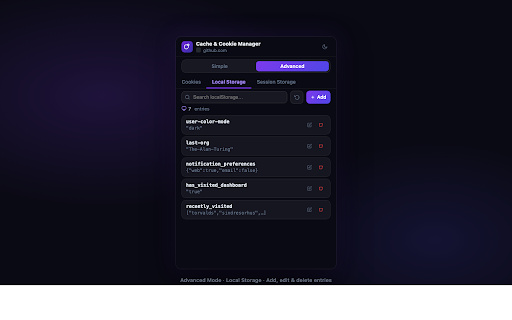 Cache & Cookie Manager :: Clear cache & cookies instantly. Full cookie editor plus localStorage & sessionStorage inspector — built for developers.