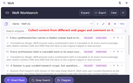 Weft :: Collect fragments from across your tabs and weave them into cited reports, rewrites, diagrams and fact-checks.