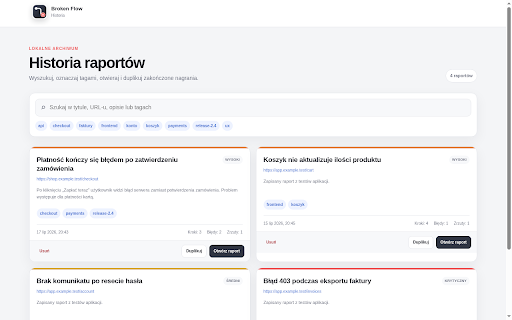 Broken Flow Recorder :: Record reproduction steps, console errors, network failures and screenshots in one bug report.