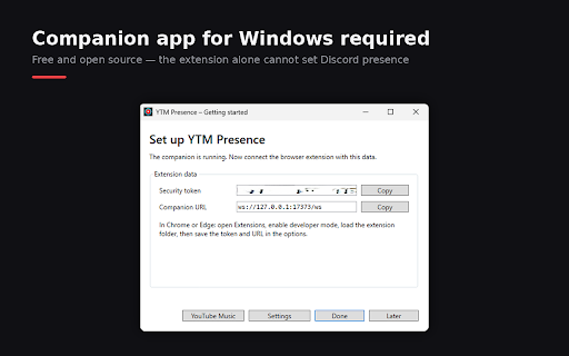 YTM Discord Presence Bridge :: Shows YouTube Music as Discord Rich Presence. Requires the free YTMPresence companion app for Windows.