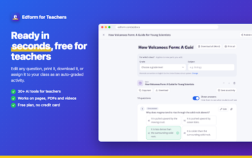 Edform for Teachers: AI Quiz Maker :: Turn any web page, PDF, YouTube video or selected text into a quiz, flashcards, slides or a lesson plan with Edform AI.