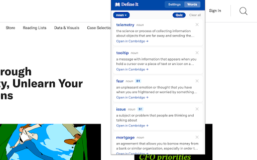 Define It :: Cambridge Dictionary definitions for selected words — see CEFR level, IPA, audio, and examples.