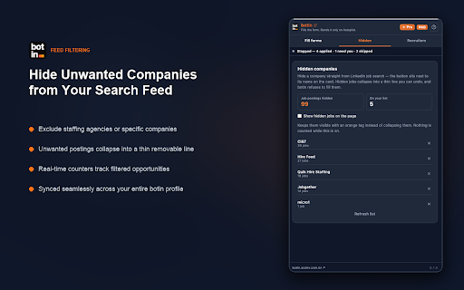 botin :: Fills LinkedIn job applications from your botin profile — review each step, or run on Autopilot for batches you set the size of.