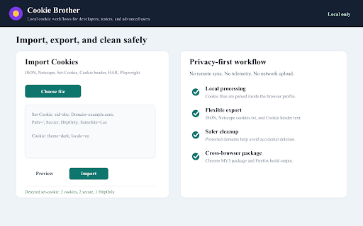 Cookie Brother :: Import, export, inspect, and clean browser cookies locally.