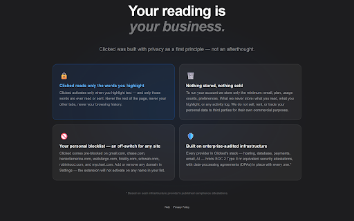Clicked: AI Reading Assistant & Explainer :: Highlight any text on a webpage or PDF for an immediate AI explanation — quick or detailed, in 15+ languages. Private by design.