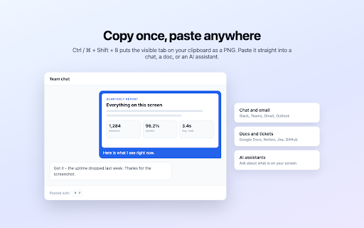 Visible Screenshot - Copy to Clipboard, Save PNG, Capture Visible Tab :: One shortcut screenshots the visible tab. Copy it to the clipboard to paste into chat, docs or AI tools, or save it as PNG.