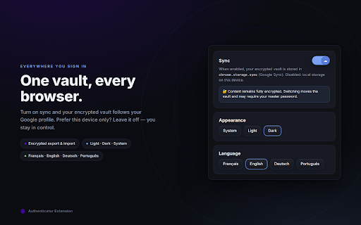 Authenticator Extension :: Securely generates TOTP Time-based One-Time Password, HOTP HMAC-based One-Time Password codes, featuring a QR import function.