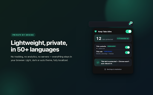 Keep Tabs Alive — Disable Automatic Tab Discarding :: Disable Chrome tab discarding and prevent unwanted tab reloads. Per-site rules, per-tab control and live stats.