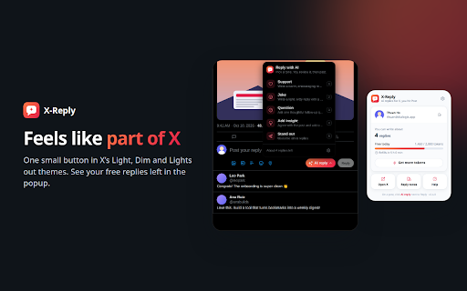 X-Reply: AI Reply & Comment Generator for X (Twitter) :: Reply on X (Twitter) in one click: AI drafts a reply from the post in the tone you pick, then you edit it and post it yourself.