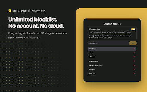 Yellow Tomato — Pomodoro Focus Timer & Website Blocker :: 🍅 Pomodoro Timer 🚫 Website Blocker 🔥 Focus Streaks ✅ Tasks 📊 Stats — free, no account, private