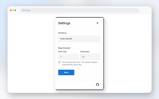 New Tab :: Minimal new tab with day tracker, shortcuts pinned.
