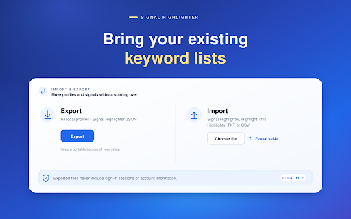 Signal Highlighter: Highlight Multiple Keywords :: Automatically highlight multiple keywords and phrases on web pages. Reuse profiles, navigate matches, and spot missing checks.