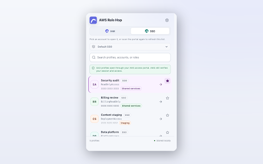 AWS Role Hop :: Launch AWS Console roles and Identity Center profiles from private, local-only lists.