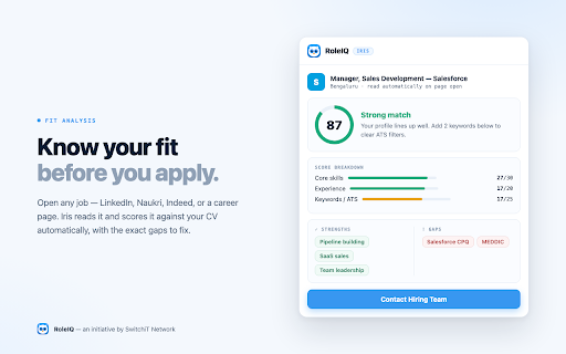 RoleIQ — Find Your Fit :: SwitchiT Network RoleIQ: score your CV against any job, catch ATS rejections, and tailor your resume in one click.