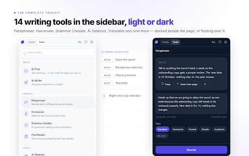 Writey AI :: Rewrite, fix, translate and summarize on any page. Chat with the page you're reading, and summarize YouTube videos and PDFs.