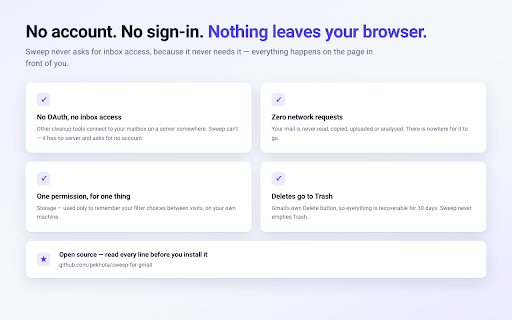 Sweep — Bulk Delete Email by Sender for Gmail :: Delete every email from one sender in two clicks. Filter by age, size or read state first. No sign-in, nothing leaves your browser.