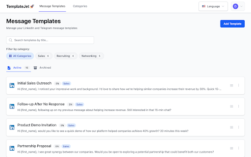 TemplateJet - message templates for LinkedIn, Telegram & WhatsApp :: Save time and get more replies with one-click personalized templates for LinkedIn, Telegram & WhatsApp. Fast, easy, effective.