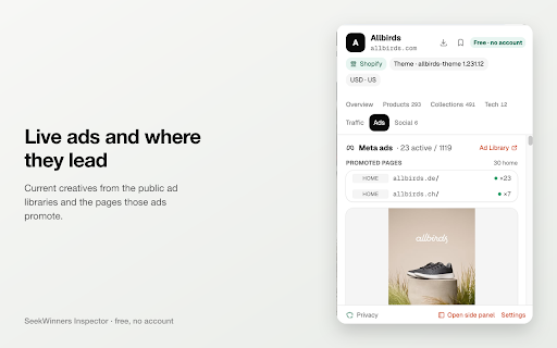 Shopify Store Inspector by SeekWinners :: See how any Shopify store is built and marketed: products, best sellers, collections, tech, traffic, ads. Free, no account.