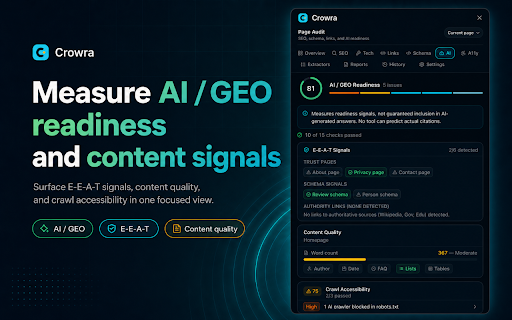 Crowra — SEO Audit & AI Readiness :: Audit SEO, schema, PageSpeed, links, accessibility, and AI/GEO readiness in a private Chrome side panel.
