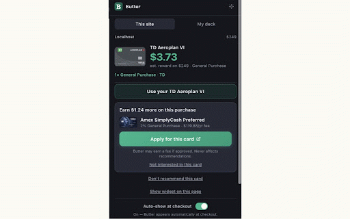 Butter — Smart Card Recommender :: Detects checkout pages and shows which of your Canadian credit cards earns the most on that purchase. Nothing leaves your browser.