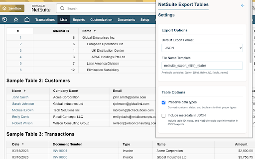 NetSuite Export Tables and Lists :: Transform NetSuite tables and lists into JSON or CSV instantly. Preserve data types, customize exports and boost productivity