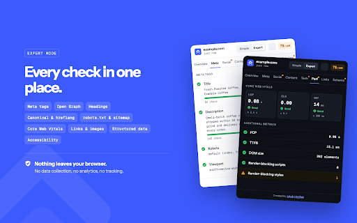 The Only SEO Extension You Need :: Full SEO audit in one click — meta tags, Open Graph, Core Web Vitals, structured data, hreflang, images, links, and accessibility.