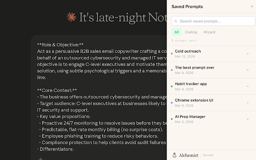 Alchemist – AI Prompt Optimizer & Generator :: AI prompt optimizer and generator. Write better prompts, get better AI responses, directly in your browser.