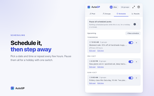 AutoGP – Facebook Group Auto Poster :: Post to all your Facebook groups automatically with spintax, scheduling, and live results.