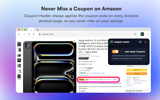 Coupon Hacker: Unlock VIP & Hidden Coupon Codes with AI :: Tests 1,000+ secret coupon codes and uses AI to find store-specific deals—auto-applied at checkout on Amazon & 80,000+ stores.