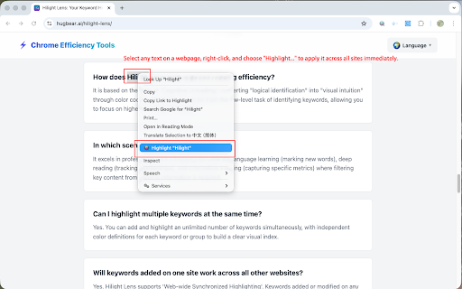 Hilight Lens :: Instantly highlight keywords on any website. Customize colors, use presets, and mark important info with a right-click.