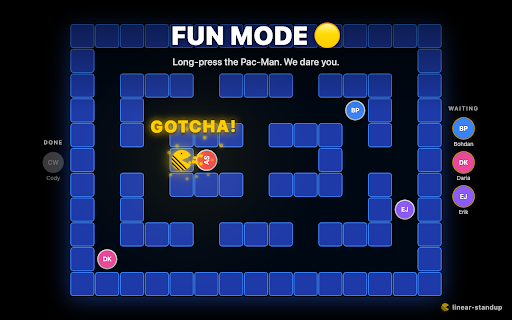 Linear Standup :: Daily standups for Linear: random speaker, auto-filter tasks, Pac-Man eats avatars as they speak. Hidden fun mode.
