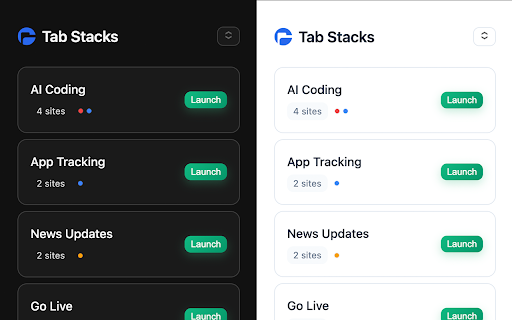 Tab Stacks: Tab group launcher :: Tab Stacks lets you instantly open sets of saved websites grouped by workflow. Launch all your tabs for a task with one click.