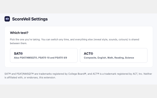 ScoreVeil :: Hides your SAT® and ACT® scores on College Board® and MyACT until you click to reveal them, with confetti if you hit your goal.