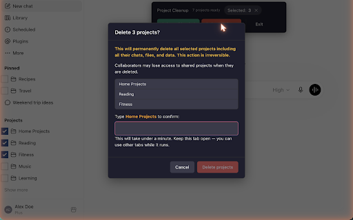 ChatSweep for ChatGPT :: Bulk delete, archive, and manage ChatGPT chats and projects — with pause, stop, and safety confirmations.