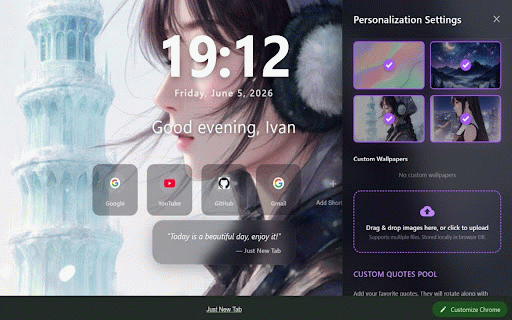 Just a New Tab :: 開啟新分頁,帶給您一整天的好心情。支援隨機背景、時鐘、自訂捷徑與金句小工具。