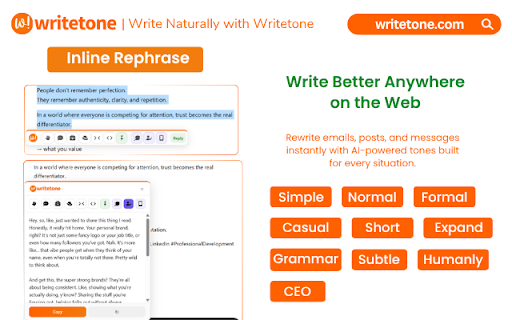 Writetone: AI Writing Assistant & Grammar Fix :: AI writing assistant to rephrase, fix grammar, humanize, summarize, draft content, and generate replies.