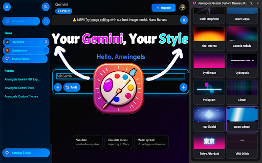 Anwingels: Gemini Custom Themes, UI Styles & PDF Export :: Anwingels: Gemini Custom Theme Creator. Real-time editor for Dark Mode, skins, backgrounds, UI tweaks, and one-click PDF downloads.
