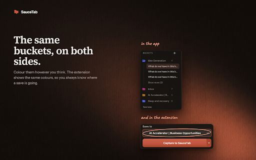 SauceTab :: Save web pages, articles, and highlights to organized research buckets. Capture Sauces, take notes, and find everything fast.