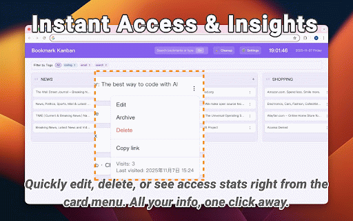 Bookmark Kanban :: Organize bookmarks in a visual kanban board. Simple, intuitive management with drag-and-drop functionality.