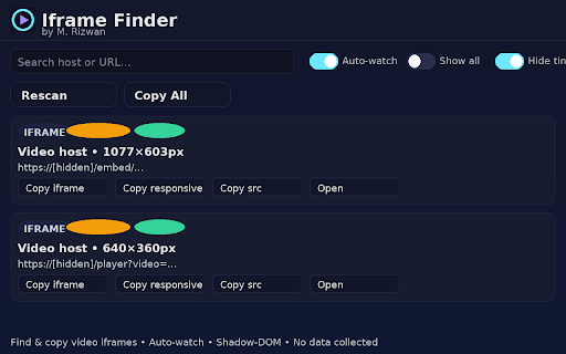 Video Iframe Finder :: Finds video iframes on the current page and lets you copy beautiful embed code with one click.