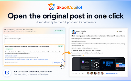 SkoolCopilot :: SkoolCopilot helps you find answers across Skool communities with AI search and stay focused with distraction-free learning mode.