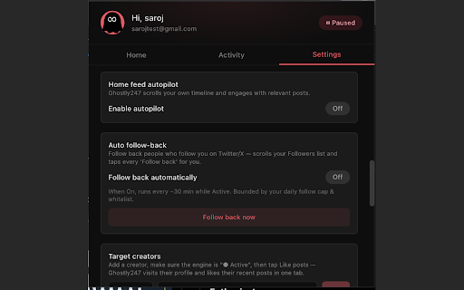 Ghostly247 — Twitter/X Growth Autopilot :: Twitter/X growth autopilot — auto-like, AI reply, follow, repost & quote, plus AI create & schedule posts and a daily recap email.