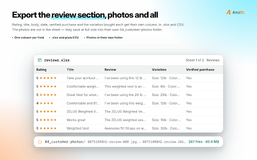 Amazon Product Image & Video Downloader, Review Exporter - AmzDL :: Bulk download images and videos from Amazon product pages: gallery, variations, A+. Save buyer photos, export reviews to CSV/Excel.