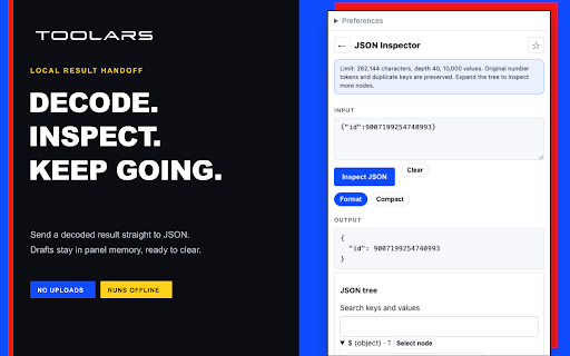 Toolars Developer Toolkit :: A private side-panel toolkit for developers: convert, inspect, encode and generate text, colors and more. Offline, no account.