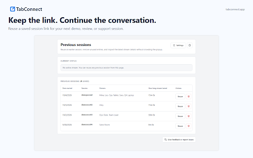 TabConnect: Browser Tab Screen Sharing :: Share your current browser tab with viewer links, live room controls, diagnostics, and chat.