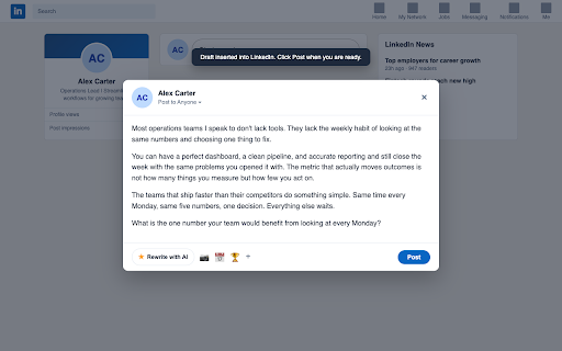 SMART Reply for LinkedIn :: Draft LinkedIn posts and comments grounded in your SMART Reply tone profile, without leaving LinkedIn.