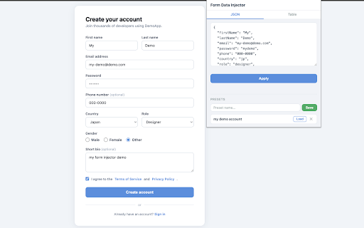 Form Data Injector :: Inject test data into web forms via JSON. For developers and QA engineers.