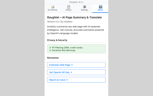 Roughlet – AI Page Summary & Translate :: Summarize & translate web pages with AI. Get instant tl;dr of articles using OpenAI. Save time reading with key insights.