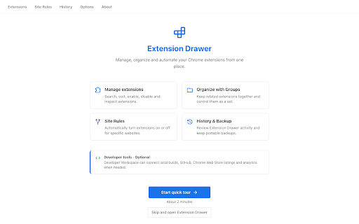 Extension Drawer: Extension Manager & Organizer :: Organize, group, enable and disable extensions, with Site Rules, history and local backup.